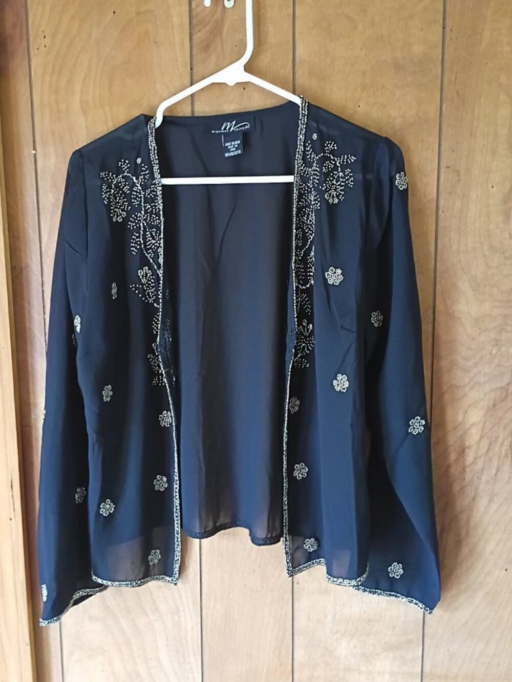 Midnight Velvet Sheer Beaded Open-Front Jacket – Size Medium